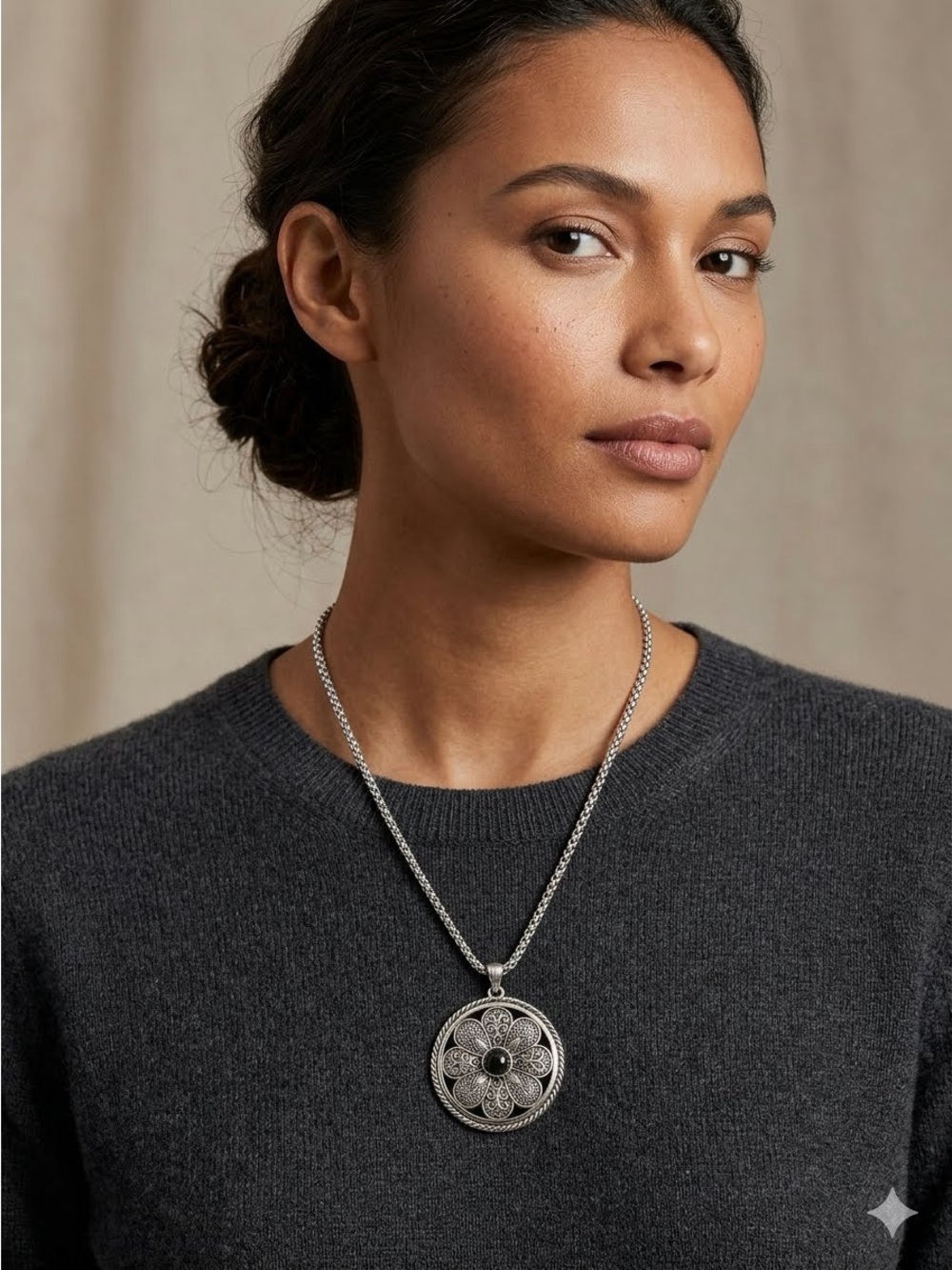 Silver-Tone Floral Medallion Pendant Necklace - Women Jewelry
